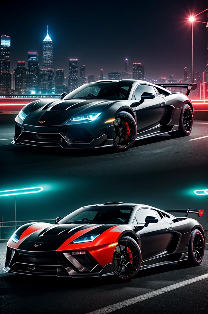 An awe-inspiring, futuristic scene with the legendary panther looming over a radiant, modified Lamboghini sports car. The car is illuminated with dazzling lights, featuring the name "Edit Name" in bold, neon lettering and a sleek racing design. The cyber cityscape behind them is pulsating with neon lights and dramatic fire effects, generating an intense and thrilling atmosphere. The stark contrast between panther menacing gaze and the car's vibrant appearance evokes a potent mix of adrenaline, fear, and admiration.