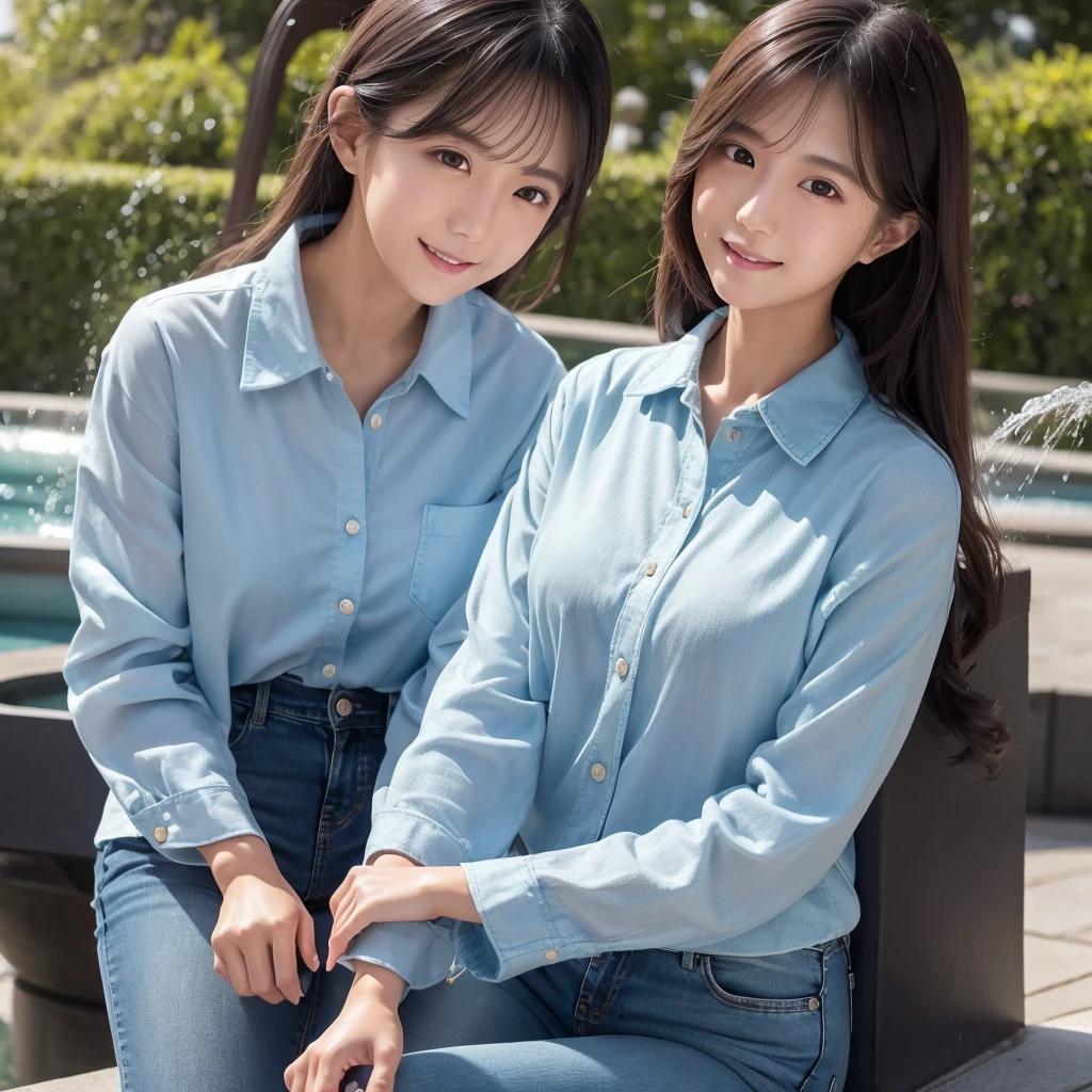 HD detailed, Super detailed, Realistic,Hyperrealism,Best image quality、Highest quality、masterpiece、Ultra-high resolution、8K、immature、Like the picture:1.5、Professional Lighting、Park fountain、Young Japanese Woman,Small face、Stylish、、Slender、、A kind smile、Wear a button-up denim long-sleeve shirt and jeans、Soaked clothes、Damp clothes、View from the side