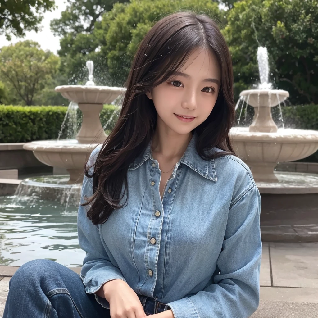 HD detailed, Super detailed, Realistic,Hyperrealism,Best image quality、Highest quality、masterpiece、Ultra-high resolution、8K、immature、Like the picture:1.5、Professional Lighting、Park fountain、Young Japanese Woman,Small face、Stylish、、Slender、、A kind smile、Wear a button-up denim long-sleeve shirt and jeans、Soaked clothes、Damp clothes、View from the side