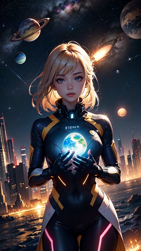 Glow Color、Beautiful girls、(Esbian all over)、Glass-like outfits、Sleeves glow、Colorful Hologram、Glow Color、cute、Embracing the Earth、Infinite Universe、She has no time to breathe、possibility、Different dimension space、ultra precise detailed、 Cyber City、Sparkling、spark、In the background there are planets, stars and a galaxy meteor shower