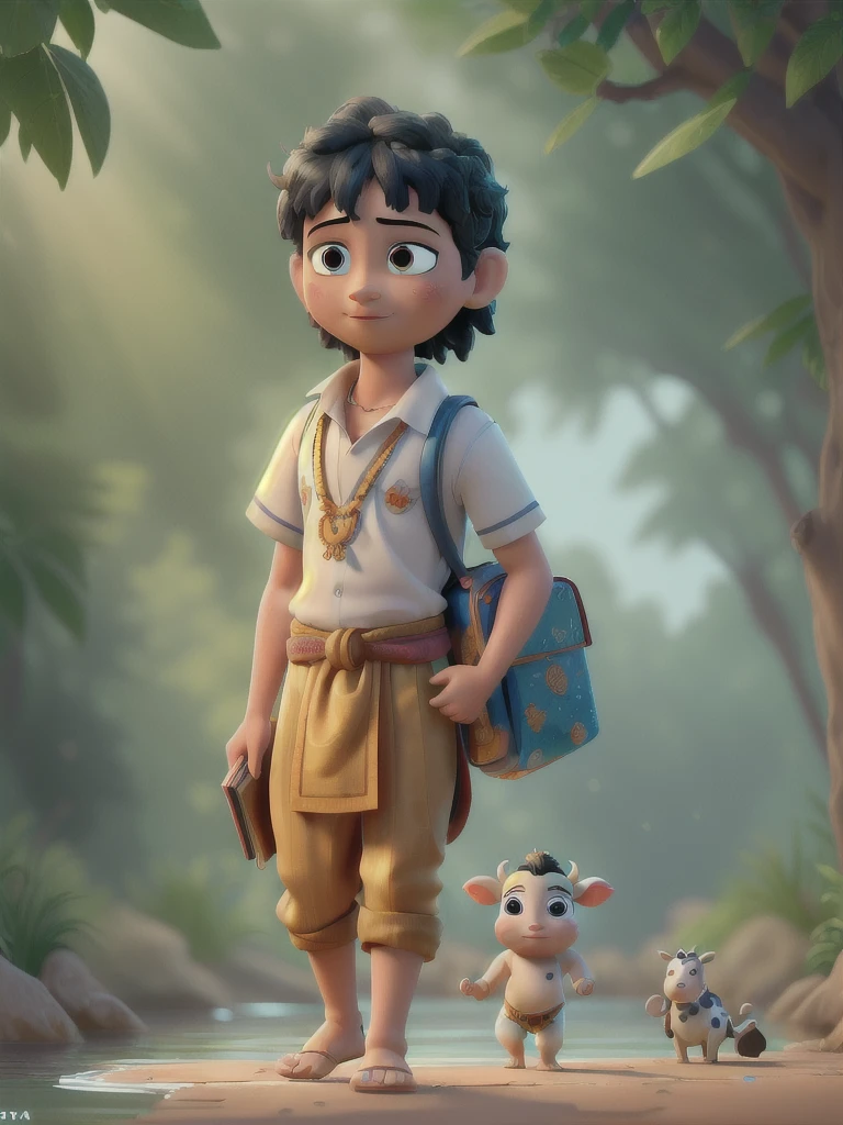 Lord Jagannath going to school as a , carrying a school bag and some books in his hand.,masterpiece, best quality, 8k, absurdres, water surface, summer, noon, sunlight, blue sky, perspective, depth of field, highres, fine details, ultra-detailed, (best quality, masterpiece, ultra-realistic),(((Masterpiece))), (((Best quality))), ((Ultra-detailed)),(Highly detailed CG illustration), ((An extremely delicate and beautiful)),Cinematic light,young Lord Krishna With Cute Cow Calf Near River,