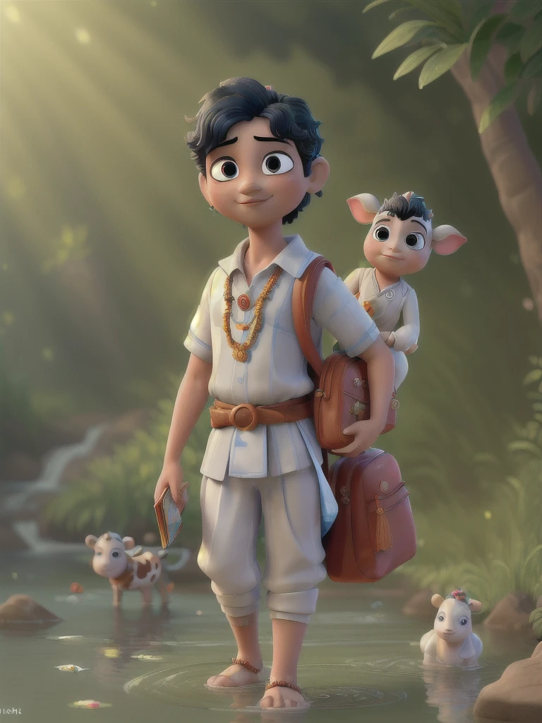 Lord Jagannath going to school as a , carrying a school bag and some books in his hand.,masterpiece, best quality, 8k, absurdres, water surface, summer, noon, sunlight, blue sky, perspective, depth of field, highres, fine details, ultra-detailed, (best quality, masterpiece, ultra-realistic),(((Masterpiece))), (((Best quality))), ((Ultra-detailed)),(Highly detailed CG illustration), ((An extremely delicate and beautiful)),Cinematic light,young Lord Krishna With Cute Cow Calf Near River,