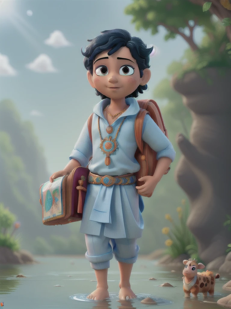 Lord Jagannath going to school as a , carrying a school bag and some books in his hand.,masterpiece, best quality, 8k, absurdres, water surface, summer, noon, sunlight, blue sky, perspective, depth of field, highres, fine details, ultra-detailed, (best quality, masterpiece, ultra-realistic),(((Masterpiece))), (((Best quality))), ((Ultra-detailed)),(Highly detailed CG illustration), ((An extremely delicate and beautiful)),Cinematic light,young Lord Krishna With Cute Cow Calf Near River,