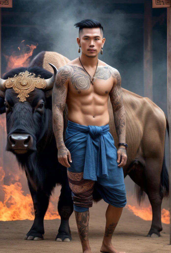 Realistic image of a Thai man with tattoos on his body and legs. Standing looking straight out with a beautiful long-tailed bison at his side. Wear traditional Thai clothing Image clarity is very high. Background with 12 zodiac signs, smoke and stars. High face resolution HD resolution 80k uhd