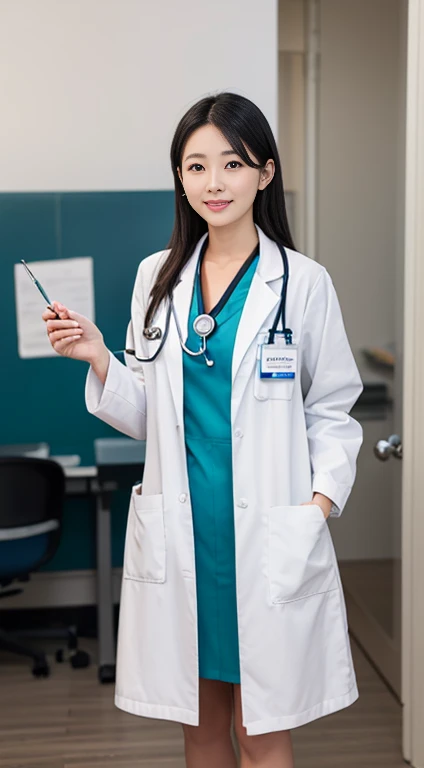 Please draw a beautiful woman working as a doctor。Wearing a white coat、I wear a stethoscope around my neck。Black Hair