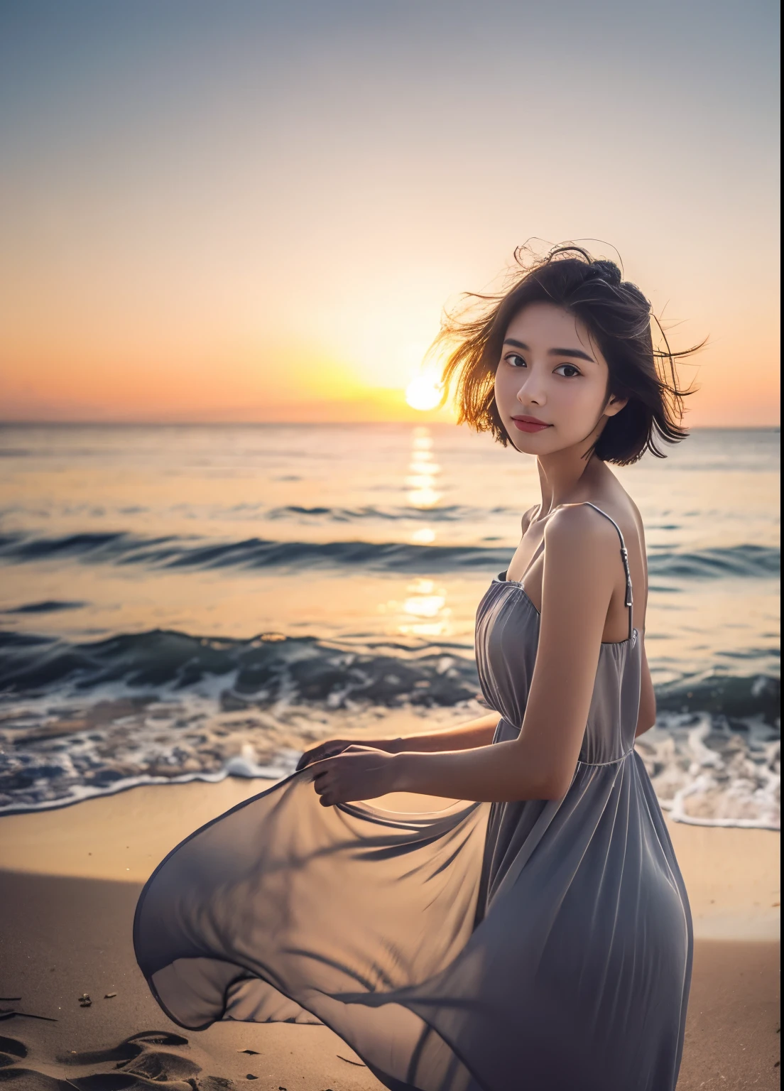 20year old beautiful girl、beauty、Japanese、cute、beautiful girl、slim、Highest quality、Realistic、16K、Panorama、((Highest quality, 8K, masterpiece: 1.3)), 1 Girl, whole body, slim face, Beautiful woman, One Girl、Small face、cute顔、Grey Hair:1.5、Bob Hair、short hair、Looking into the camera、、Stagnation、(((camisole、dress)))、Particles of light、Sunset sea、Calm sea、White sand beach、Very beautiful sunset、RAW Photos、Highest quality、High resolution、High resolution、masterpiece:1.3、、12k、Professional Photographer、