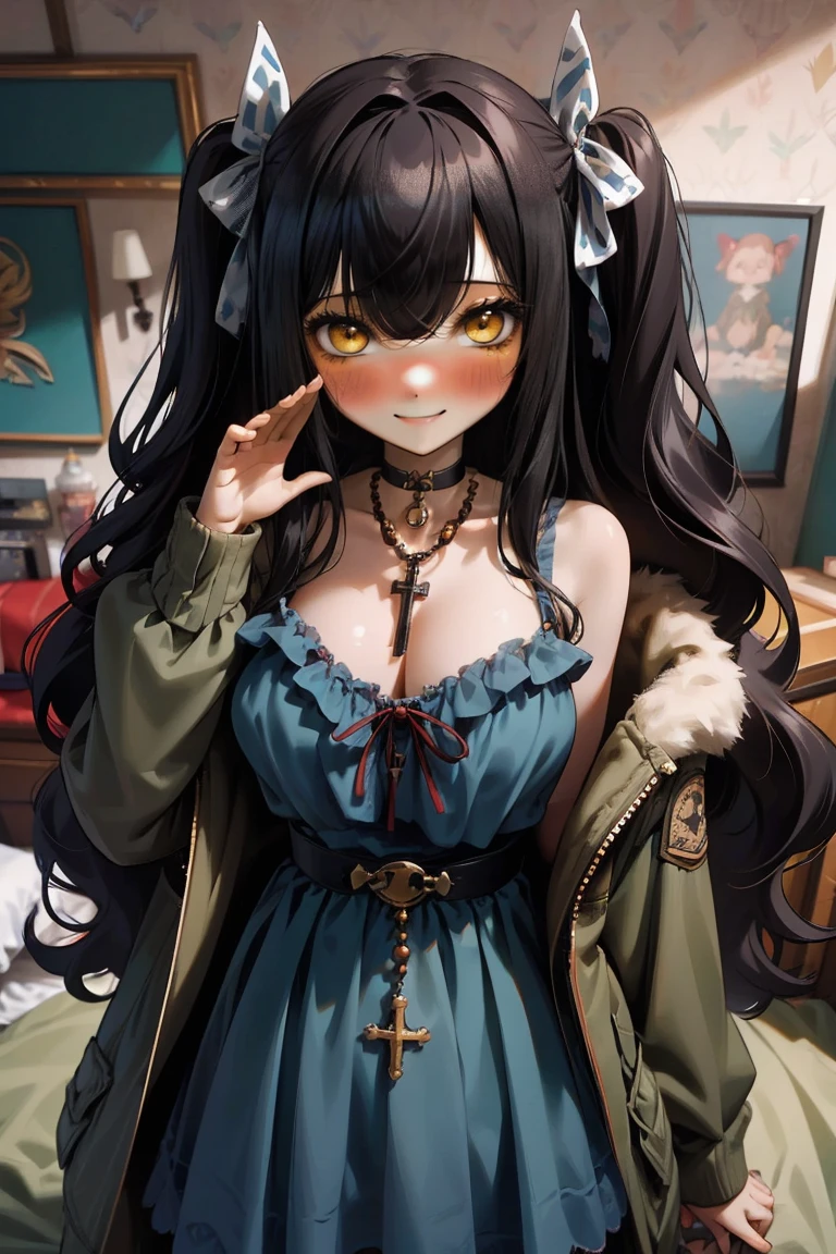 (masterpiece:1.2), (high quality:1.2), girls with((1girl, solo, black hair, yellow eyes, (wavy long hair, one side up, hairclips:1.3), blush, breasts, choker, cleavage, coat, cowboy shot, blue lace dress, camisole, ribbon waist belt, black ribbon belt, red bow, red ribbon, neck ribbon, collar, collarbone, rosary, rosary choker, cross, fur, fur trim, parka, khaki hoodie, green hoodie, khaki jacket, hood down, hooded coat, hooded jacket, hoodie, jacket, large breasts, long sleeves, medium breasts, open clothes, open coat,open hoodie, sleeveless, winter clothes, zipper, cleavage, upper body, hand up, waving, palm)), background with((bedroom, room:2.0))