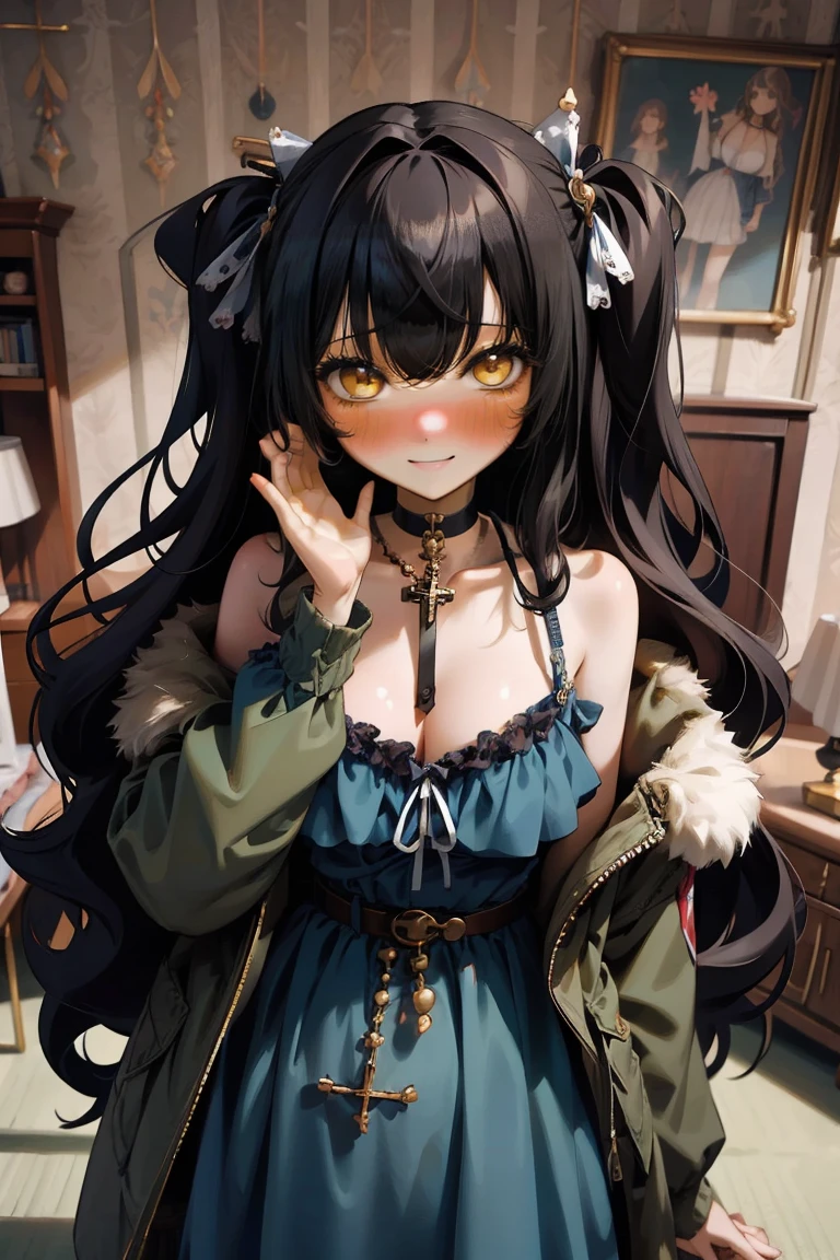 (masterpiece:1.2), (high quality:1.2), girls with((1girl, solo, black hair, yellow eyes, (wavy long hair, one side up:1.3), blush, breasts, choker, cleavage, coat, cowboy shot, blue lace dress, ribbon waist belt, black ribbon belt, red bow, red ribbon, neck ribbon, collar, collarbone, rosary, rosary choker, cross, fur, fur trim, parka, khaki hoodie, green hoodie, khaki jacket, hood down, hooded coat, hooded jacket, hoodie, jacket, large breasts, long sleeves, medium breasts, open clothes, open coat,open hoodie, sleeveless, winter clothes, zipper, cleavage, upper body, hand up, waving, palm)), background with((bedroom, room:2.0))