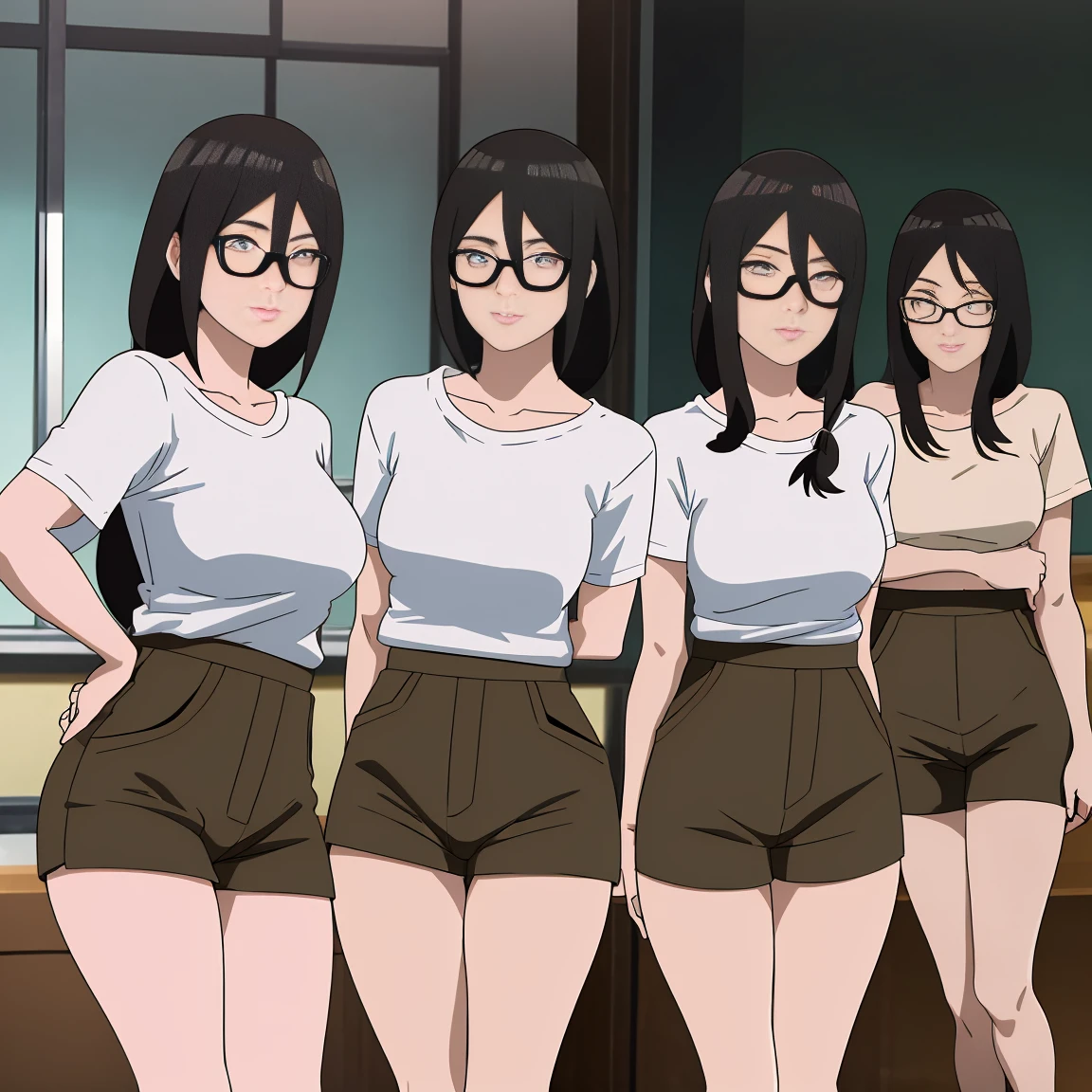 masterpiece, Very detailed, best quality, Ultra-high resolution, 1 Girl, Solitary, (completion), (small breast), breast, (Oversized shirts,Open neckline,Black half-rimmed glasses ), (Hyuga Hanabi:1), (shorts | Pants | mini skirt), cleveage, From the front,(classroom,)