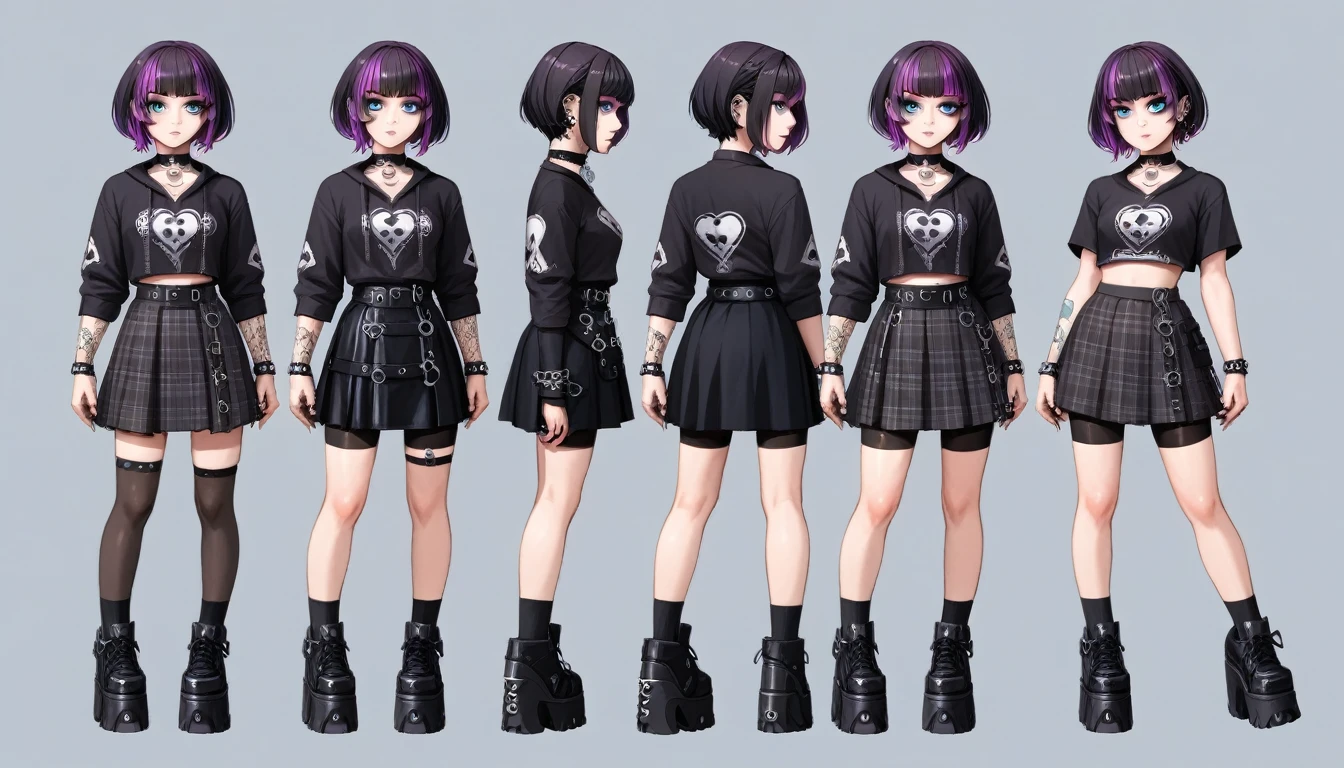 Solo, score_9,score_8_up,score_7_up, source_girl, goth girl, age female, black hair, goth style hair, black bike shorts, 1.3, goth makeup, plaid skirt and fishnet, wearing goth clothes, goth, emo, goth outfit, standing, solo, full body, blue eyes, black clothes, (short hair), character design, character sheet, (purple highlights), Black and purple hair,