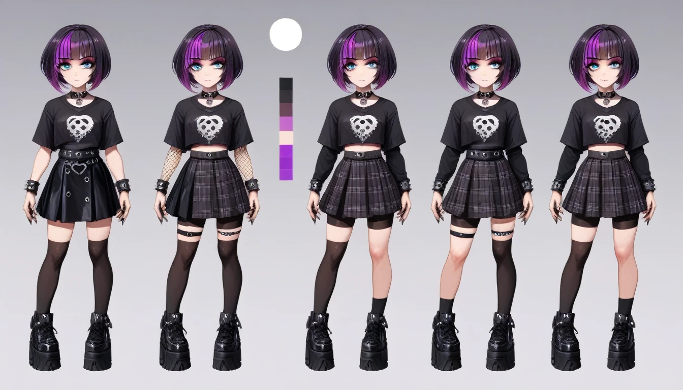 A front and back full body view of a female punk of British descent, designed in a Pixar style. The punk is depicted in a playful and vibrant manner, similar to the style shown in the reference image. She wears a Plaid skirt with a graphic tee, fishnet tights, and creepers. Her hair is styled in edgy punk manner, and she has a friendly and approachable expression. The front view shows her standing confidently, while the back view highlights the details of her outfit and hairstyle. The overall design is clean and colorful, capturing the whimsical and endearing qualities typical of Pixar's character style. Highly detailed, 8k, smooth, sharp focus trending on artstation, digital painting, by Stanley Artgerm Lau, WLOP, Rossdraws, James Jean, Andrei Riabovitchev, Marc Simonetti, and Sakimichan