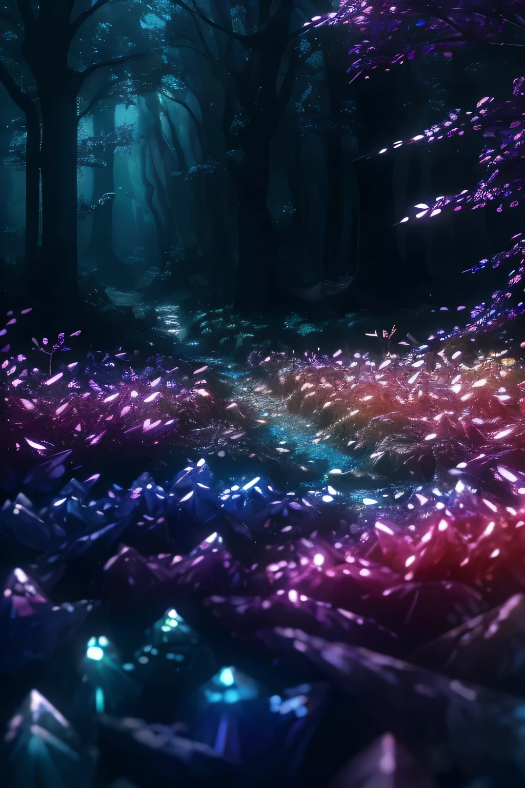((crystal)) ((iridescent)) deep forest, iridescent trees, leaves, sunrays, (((very detailed photorealistic landscape)))
shimmering, sparkling, (light colors)
magical photography, dramatic lighting, photo realism, ultra-detailed, 4k, wide lens, High-resolution, masterpiece