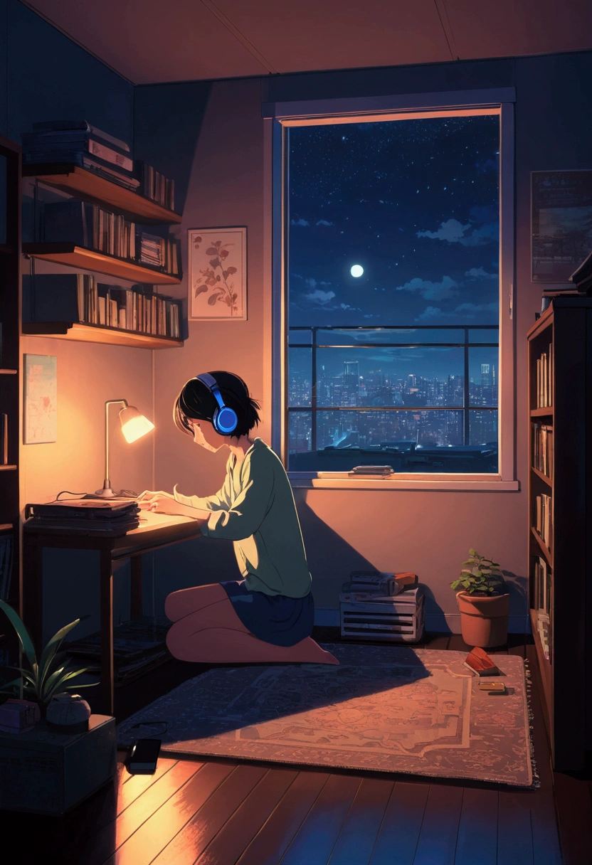 night、Girl listening to music in a cozy room, Using headphones, 2D-style animation, Lo-Fi, hard disk, Dark Environment In the style of Makoto Shinkai
