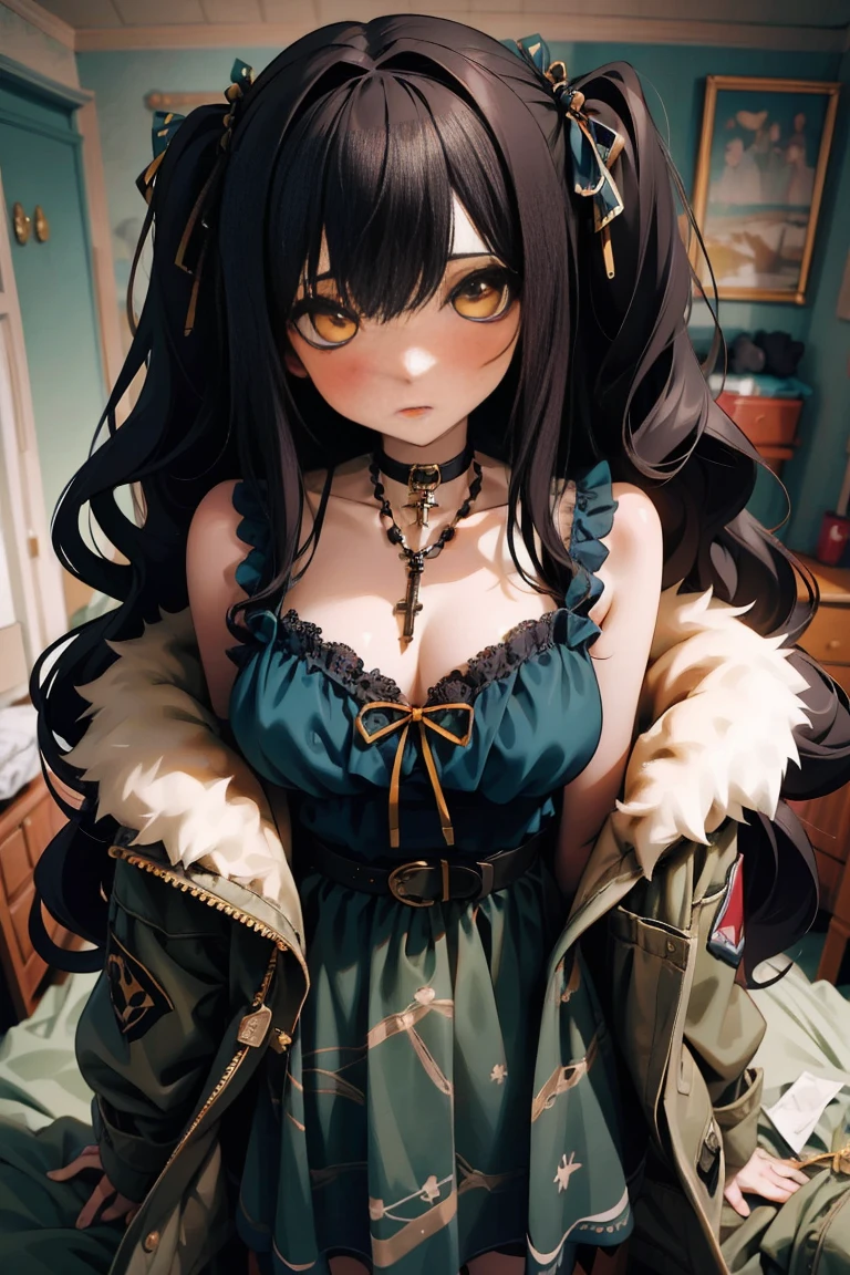 (masterpiece:1.2), (high quality:1.2), girls with((1girl, solo, black hair, yellow eyes, smiling, (wavy long hair, wearing a red beret, hairclips, braids:1.45), bare shoulder, blush, breasts, choker, cleavage, coat, cowboy shot, navy lace dress, camisole, ribbon waist belt, black ribbon belt, red bow, red ribbon, neck ribbon, collar, collarbone, rosary, rosary choker, cross, fur, fur trim, parka, khaki hoodie, green hoodie, khaki jacket, hood down, hooded coat, hooded jacket, hoodie, jacket, large breasts, long sleeves, medium breasts, open clothes, open coat,open hoodie, sleeveless, winter clothes, zipper, cleavage, upper body, hand up, waving, palm, white thighhighs, single thighhigh, exposed legs, exposed foots, left thighhigh, solo, legs, high heels, sittings)), background with((bedroom, room:2.0))