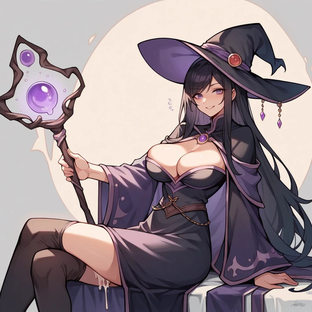 long black hair, straight hair, purple eyes, witch hat, magic staff, perfect body, sexy, rpg witch, fantasy witch, wizar robe, 25 years old, black clothes, black and purple palette, adult woman, round breasts, sorceress attire, smiling, seductive, bangs, cum extraction from behing, finger in ass, femdom, prostate massage, cumming in flask, collecting semen
