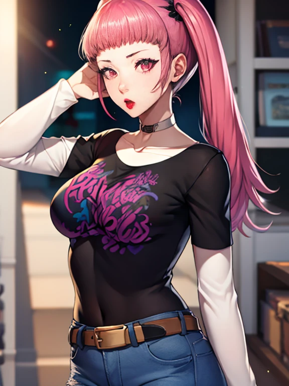 hilda valentine goneril ,pink hair, twintails, 1girl, solo, standing, black t-shirt, white shirt, jeans, belt, lipstick, large breasts