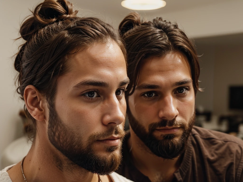 29 year old man, brown hair tied in a bun, photo de profil, Brown eyes, 5 day beard