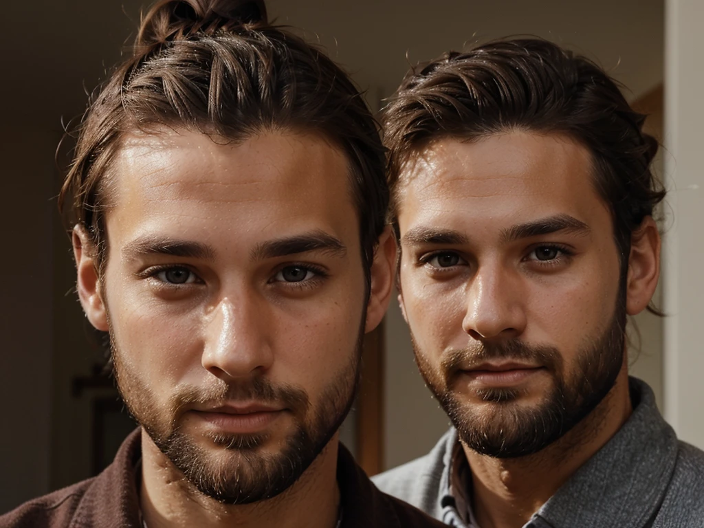 29 year old man, brown hair tied in a bun, photo de profil, Brown eyes, 5 day beard