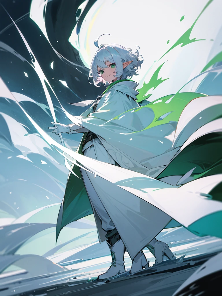 Elf, silver hair,short hair, medium cut, ahoge, curly hair,green eyes,slender, fair skin, cool Smile, robe, cloak, White gloves, long boots, pants, ice loads magic effect,