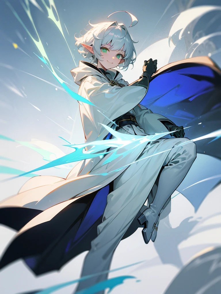 Elf, silver hair,short hair, medium cut, ahoge, curly hair,green eyes,slender, fair skin, cool Smile, robe, cloak, White gloves, long boots, pants, ice loads magic effect,