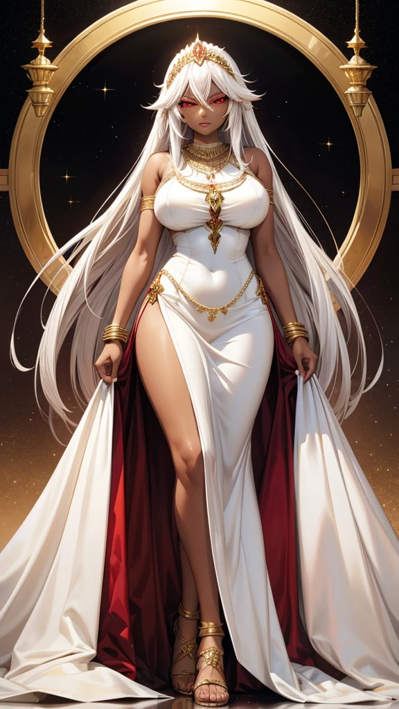 Adult woman with long white hair, dark skin, huge breasts and red eyes,Bare arms,gold tiara,necklace,Gold ornaments,white evening dress,Bare Legs,sandals,White Rose,desert,river
