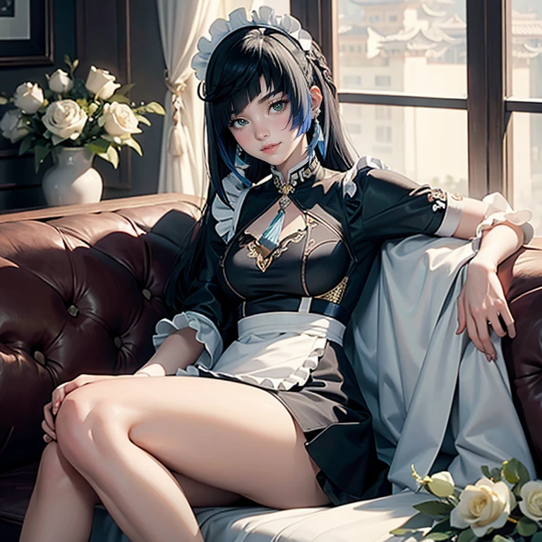 Yelan_(genshin impact), 1girl, white roses, ornament hair, roses on her hair, maid, maid dress, maid headdress, maid apron, navy hair, long hair, seat on a sofa, chinese home style, Chinese maid dress, gold lantern, black dress, more details on her clothes, golden details, night, smiling, chinese architecture, solo, alone