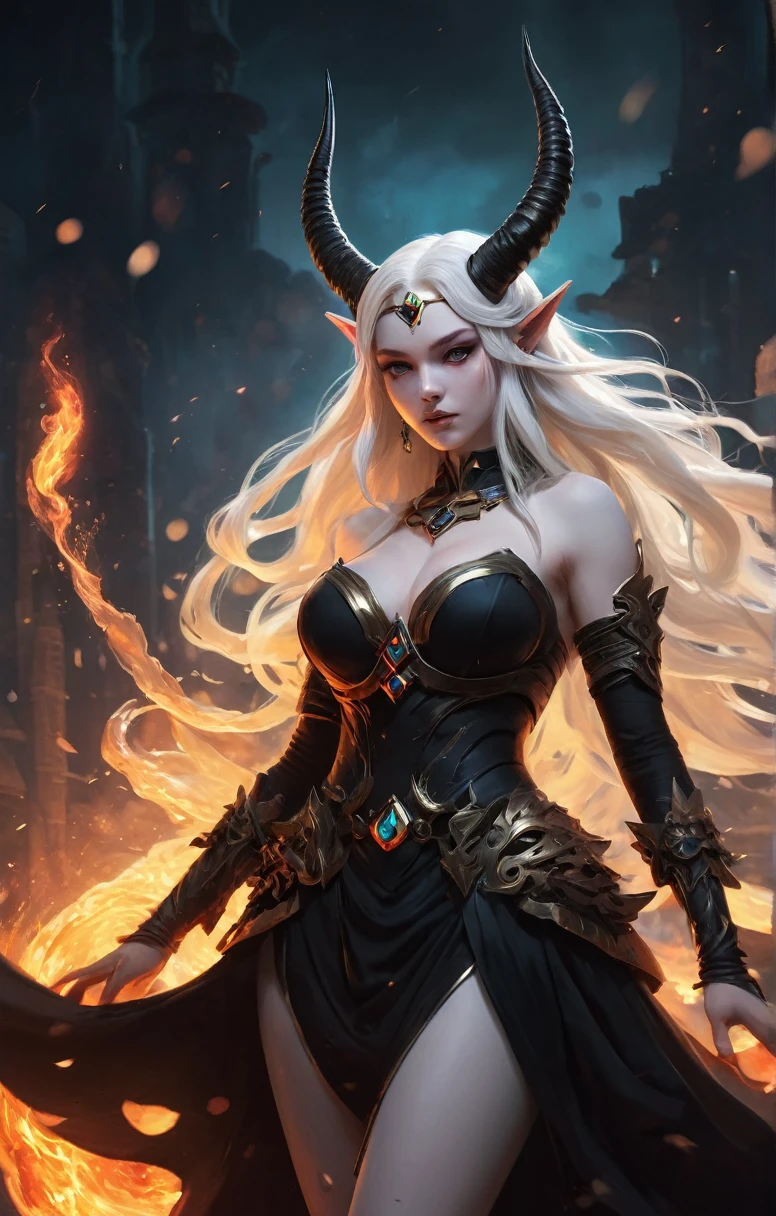 triadic colors, full body, solo, Legend of Zelda style art of a painting BREAK dark and moody head and shoulders shot of a beautiful female demon with deep black eyes, albino with very pale skin, long billowing hair blowing in the wind, floating fire particles, long floating sheer-black dress, ((massive breasts, gigantic breasts, cleavage, hips up, wide hips, big ass)), (long intricate horns:1.2) bleak, surreal fantasy, at night time, flickering lights, hazy, blurry BREAK inspired by Tadeusz Brzozowski, behance contest winner, geometric abstract art, vibrant tourism poster, setting sun, miro, amoled wallpaperVibrant, fantasy, detailed, epic, heroic, reminiscent of The Legend of Zelda series, cinematic lighting, (rim lighting, side lighting:1.4), bokeh, 4k