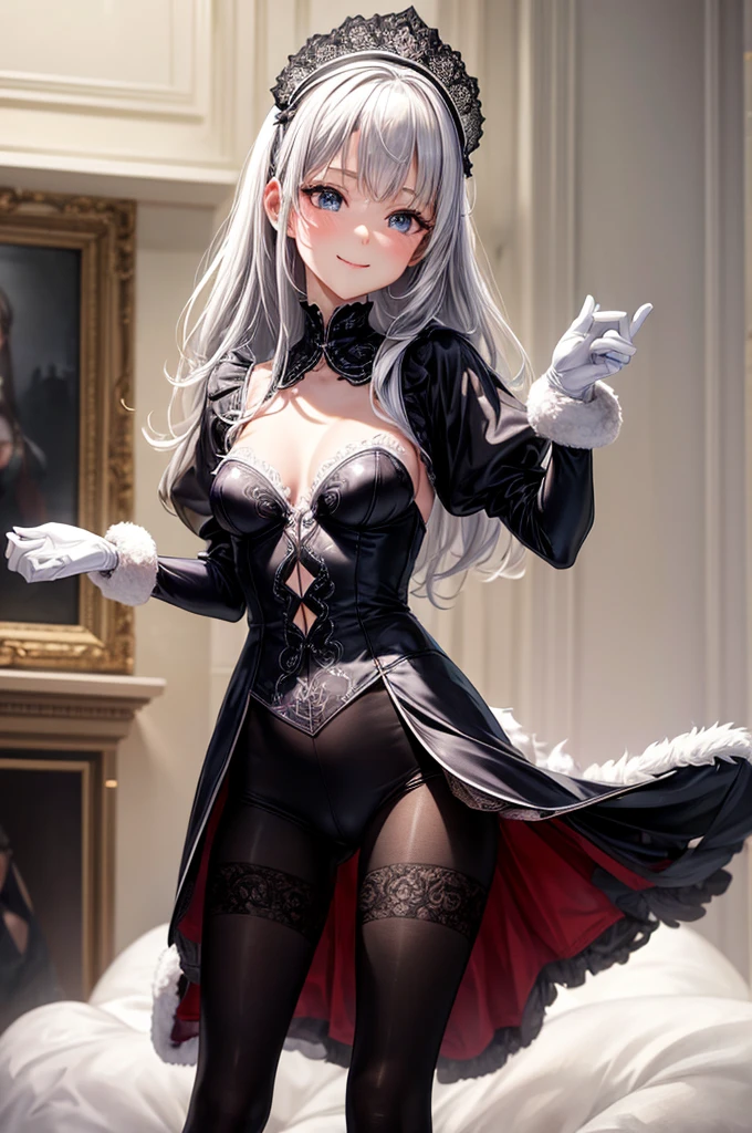 (high quality, 8k, 4K, High Contrast, masterpiece:1.2, 最high quality, Best aesthetics), , Maid, Very detailed, Seductive and erotic girl with lace headdress, smile, (Medium breast, Silver fur, small white gloves), Focus on the face, Focus on the face, Complex eyes, tights, laced tights, house , Ground angle shot, Viewers looking up, feet in tights, Open-chested clothing