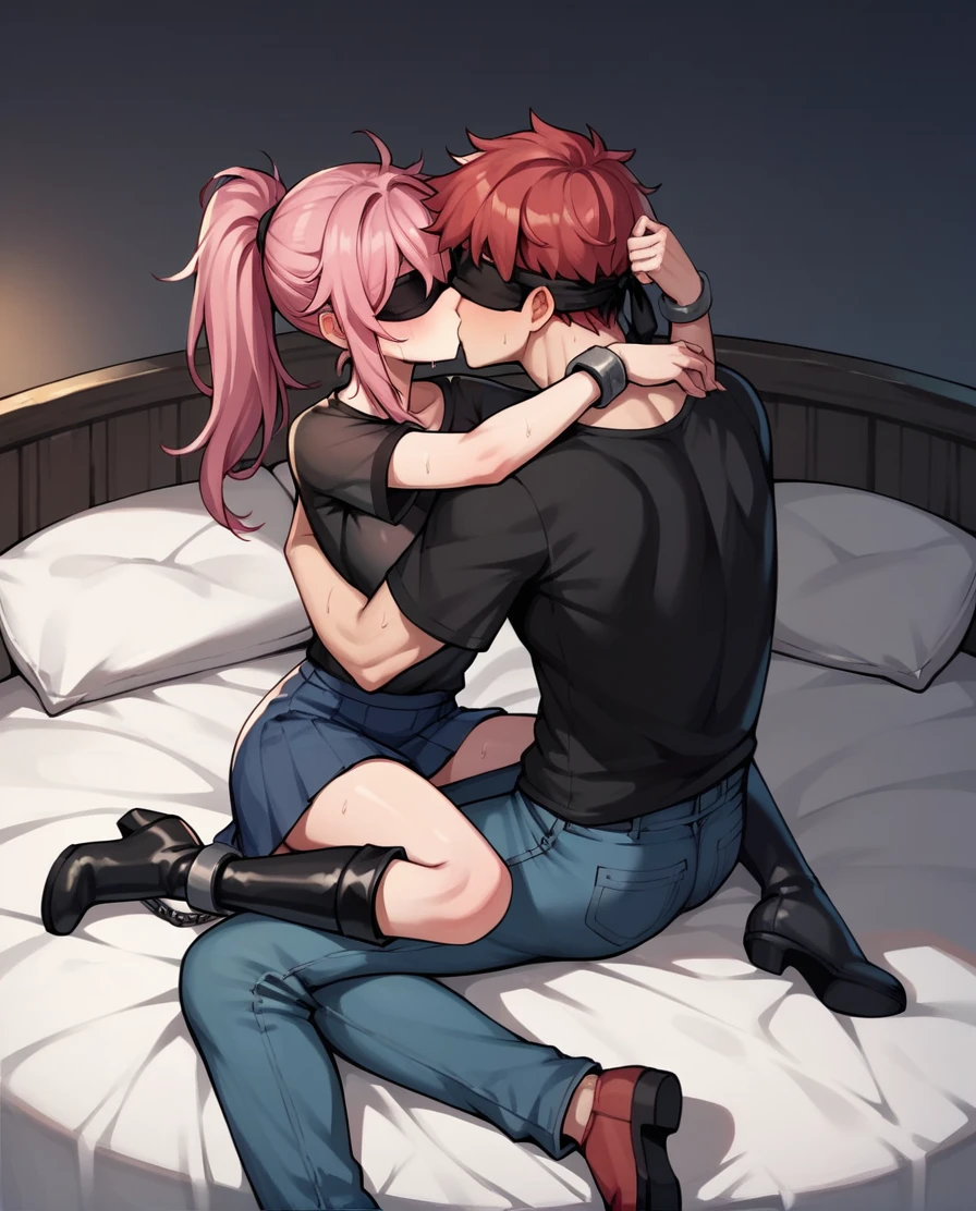 score_9, score_8_up, score_7_up, score_6_up, score_5_up, score_4_up, source_anime, 1girl, bed, pink hair, ponytail, blindfold, kissing, w-w-chain, shackles, raise arms, messy hair, sweaty shirt, skirt, black thigh boots, night, the solution, dungeon, best quality, best res, 4K UHD,
1guy, red hair, jacket, black shirt, jeans, kissing girl, free arms, shoes