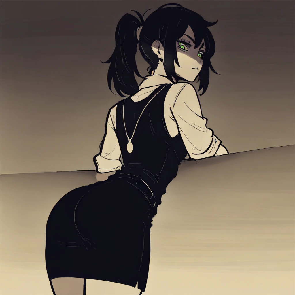 ), 1girl, solo, shirt, black hair, ponytail, sidelocks, green eyes, black hair, necklace, vest, collared shirt, black skirt, ass, ass focus,