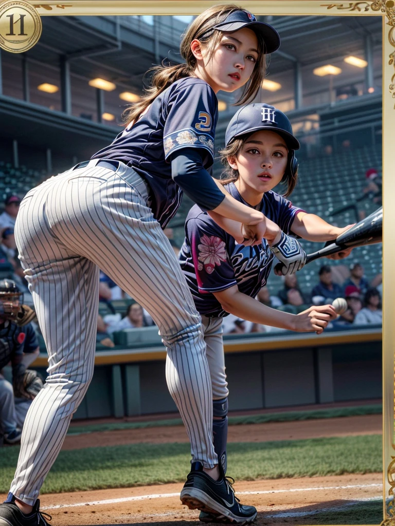 masterpiece,Highest quality,8K,High resolution,Raw photo,Professional,
Physically Based Rendering,Thin contours,
(Tarot cards. Frame and background are rounded. Detailed frame with floral motifs.:1.3) Two-digit Roman numerals,
Baseball stadium at night, beauty league game, bright with stadium lights (Many spectators:1.1),
One beautiful woman, perfect face and body, detailed face, perfect anatomy, live action photos
(Beautiful woman swinging the bat in the batter&#39;s box:1.2)
Front view of beautiful woman
(Baseball Player Uniforms),