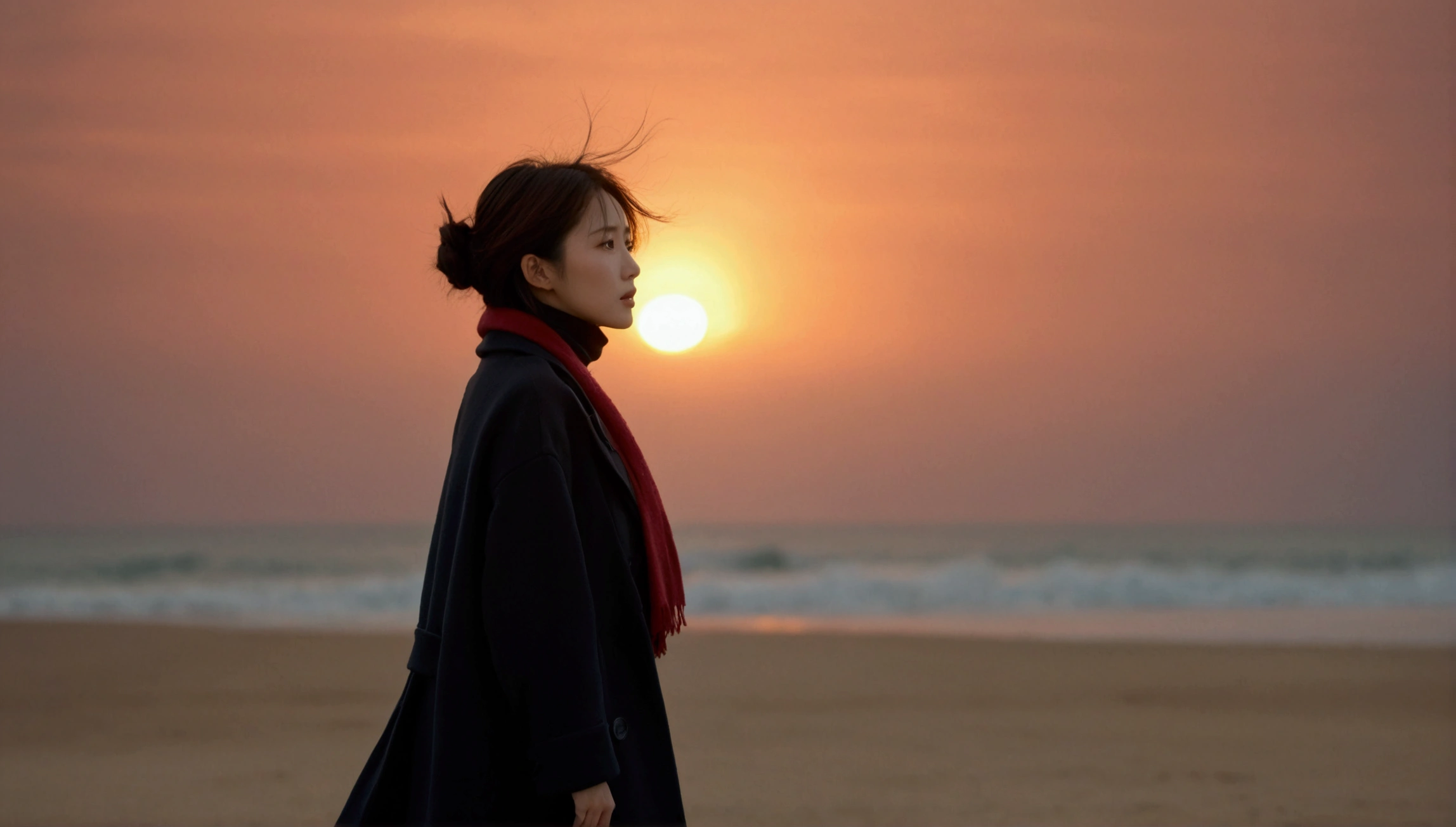 8K, 超high resolution, best quality, masterpiece, 1 woman, (36 years old:1.3), Korean woman,(wearing a long winter coat and scarf、turtleneck, Thin black double sided updo :1.5)、(The woman turned around with a very sad expression., 겨울 해변에서 바람에 휘날리는 short medium hair, her hair blowing in the wind:1.5)、(blurred background:1.5)、(red sky at sunset:1.5)、(complete anatomy:1.5) (full finger:1.3)、realistic、Life drawing、high resolution、beautiful details、((thin legs))、red light of sunset, light and shadow, short medium hair,1 female camera 16-35 wide angle lens, Full body shot walking on the beach, black skirt, hair that touches the shoulders, standing on the beach