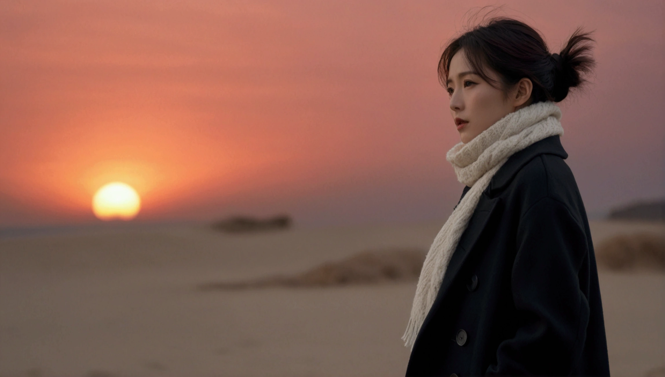 8K, 超high resolution, best quality, masterpiece, 1 woman, (36 years old:1.3), Korean woman,(wearing a long winter coat and scarf、turtleneck, Thin black double sided updo :1.5)、(The woman turned around with a very sad expression., 겨울 해변에서 바람에 휘날리는 short medium hair, her hair blowing in the wind:1.5)、(blurred background:1.5)、(red sky at sunset:1.5)、(complete anatomy:1.5) (full finger:1.3)、realistic、Life drawing、high resolution、beautiful details、((thin legs))、red light of sunset, light and shadow, short medium hair,1 female camera 16-35 wide angle lens, Full body shot walking on the beach, black skirt, hair that touches the shoulders, standing on the beach