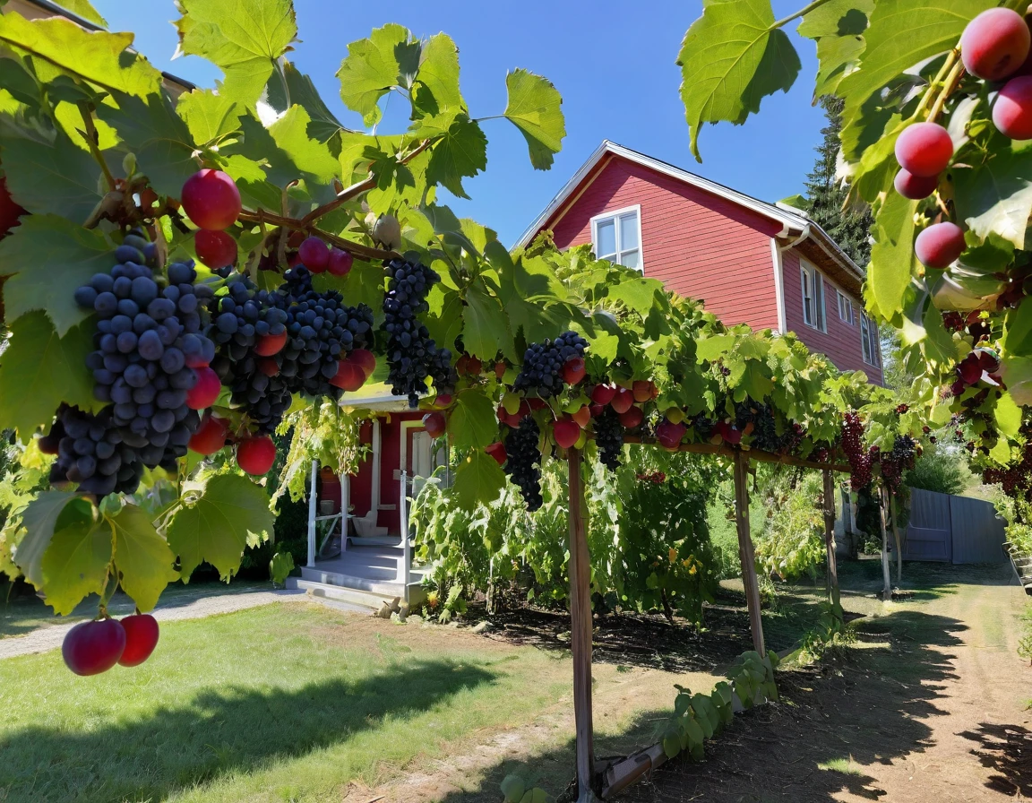 Grape plants bearing heavy fruit spread across the yard, ripe red, the background of the house is blurry