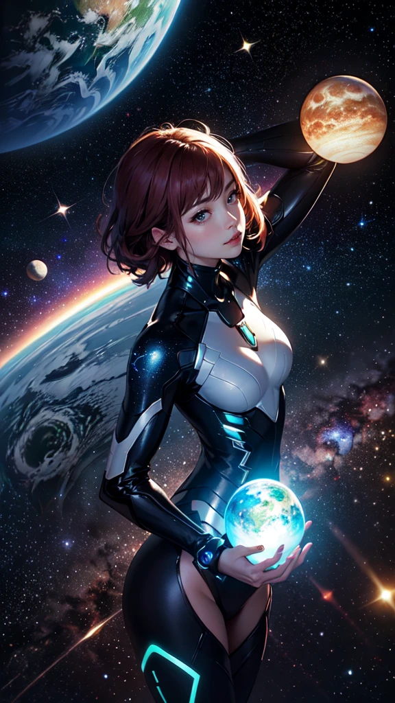 (tmasterpiece:1.2),best qualtiy,In space,(nigh sky,medium lenght hair:1.2),(illustratio:1.2),lindo cenario,dreads,(Elaborate luminescence,lens flare glow),(Hyper-detailing),Hyper-detailing,(exquisitedetails),(complexdetails),(Movie light,Best quality backlight),清晰的线条,New world,peeping at the viewer,Solo Woman,(Space Girl,the space),Oriental women,The girl looks like a Chinese movie star,Solo Woman,Perfect body,Beautiful 16 year old girl,(1girll),(Bright bioluminescent hair,bright glowing eyes),(galaxias,Alien planet),(Astronaut wearing sexy futuristic style white tight spacesuit:1.1),(The material of the spacesuit is extremely light),The girl has a slender waist,Big breasts Thin waist,bare shoulders,Bare legs,exposed waist,Latex tight spacesuit,The chest of the spacesuit shows the starry sky,Slightly closed eyes,(cyber punk perssonage),(dyna:1.3),(putting makeup on)),hight contrast,(The best lighting,Extremely refined and beautiful),((Movie Moonlight)),Extremely colorful,((Photoshop Pastel Painting:1.1)),aethereal,(Movie Masterpiece),suspense,Funk,(Starskrim),splash of color,absolutly eye-catching,((Caustics)),dynamic angle,big breasts beautiful(detailed glow),(spine-chilling),(Intricate movie scenes behind it:1.2),Environmental occlusion, (Ambient moonshine), ray-traced reflection, intricately detailed visible background , (Glowing spacesuit), terroral, (Bioluminescent vegetation:1.2), terroral, uneasy, A futuristic, terroral, (Hologram head-up display), (Delicate Great Comet)