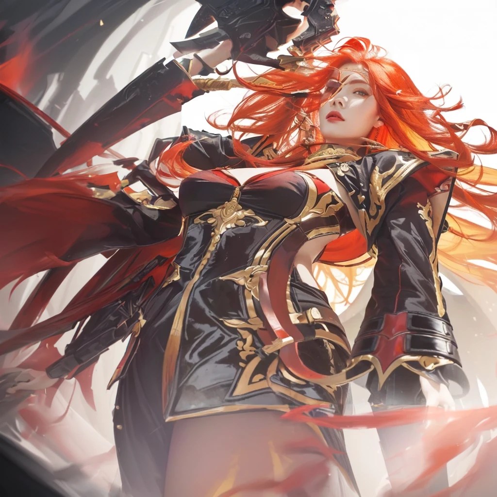 A beautiful woman with long, fiery red hair, holding a glowing sword, her expression fierce and determined, (best quality,4k,8k,highres,masterpiece:1.2),ultra-detailed,(realistic,photorealistic,photo-realistic:1.37),dramatic lighting, dramatic colors, intricate details, oil painting, fantasy, fire goddess, epic, dramatic pose, intense gaze, flowing red dress, dramatic lighting effects, volumetric lighting, cinematic composition