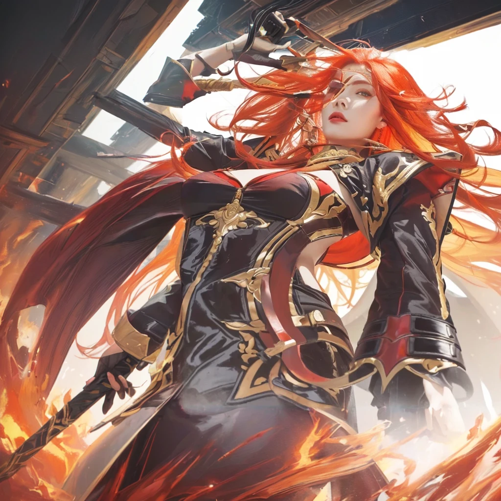 A beautiful woman with long, fiery red hair, holding a glowing sword, her expression fierce and determined, (best quality,4k,8k,highres,masterpiece:1.2),ultra-detailed,(realistic,photorealistic,photo-realistic:1.37),dramatic lighting, dramatic colors, intricate details, oil painting, fantasy, fire goddess, epic, dramatic pose, intense gaze, flowing red dress, dramatic lighting effects, volumetric lighting, cinematic composition