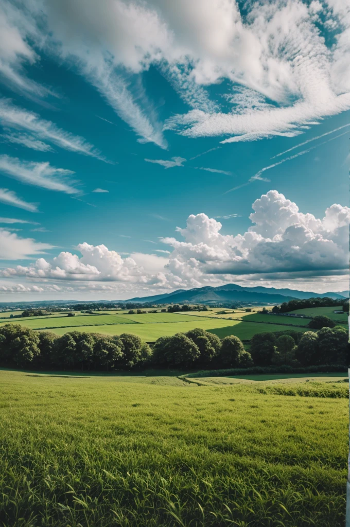Green field and clouds with flowing rivee
