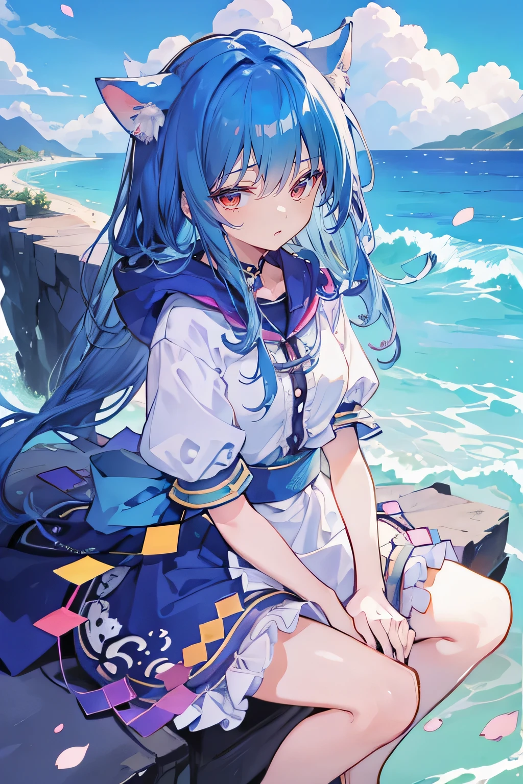 (masterpiece:1.2),Super detailed,lifelike,Expressive eyes,fair skin,perfect face shape,1 girl,
Japanese comics,Gorgeous blue hair,flowing blue hair,flowing clothes,Cat ears,Petals fall,beautiful lola,Baby Angel,
Shaking head with one hand,Cross your legs,Gentle and peaceful background,,smile, wearing hoodie, Clear sky,seaside,Clear blue sky,Clear World。