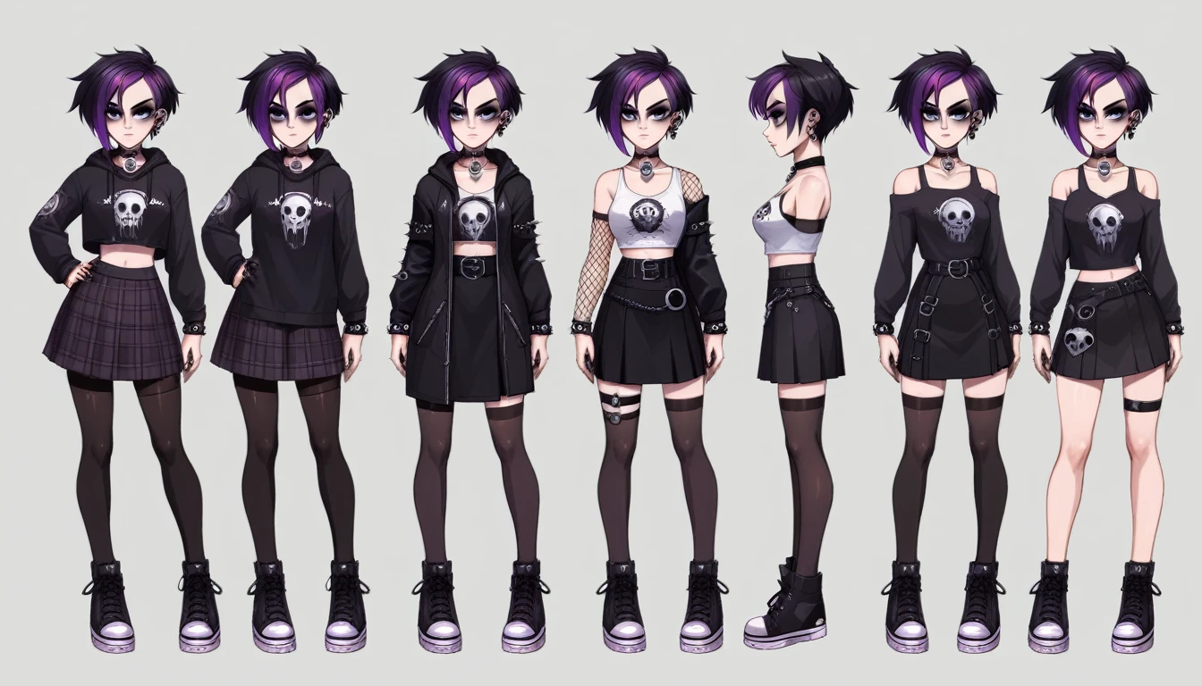 Solo, score_9,score_8_up,score_7_up, source_girl, goth girl, age female, black hair, goth style hair, black bike shorts, 1.3, goth makeup, plaid skirt and fishnet, wearing goth clothes, goth, emo, goth outfit, standing, solo, full body, blue eyes, black clothes, (short hair), character design, character sheet, (purple highlights), Black and purple hair,