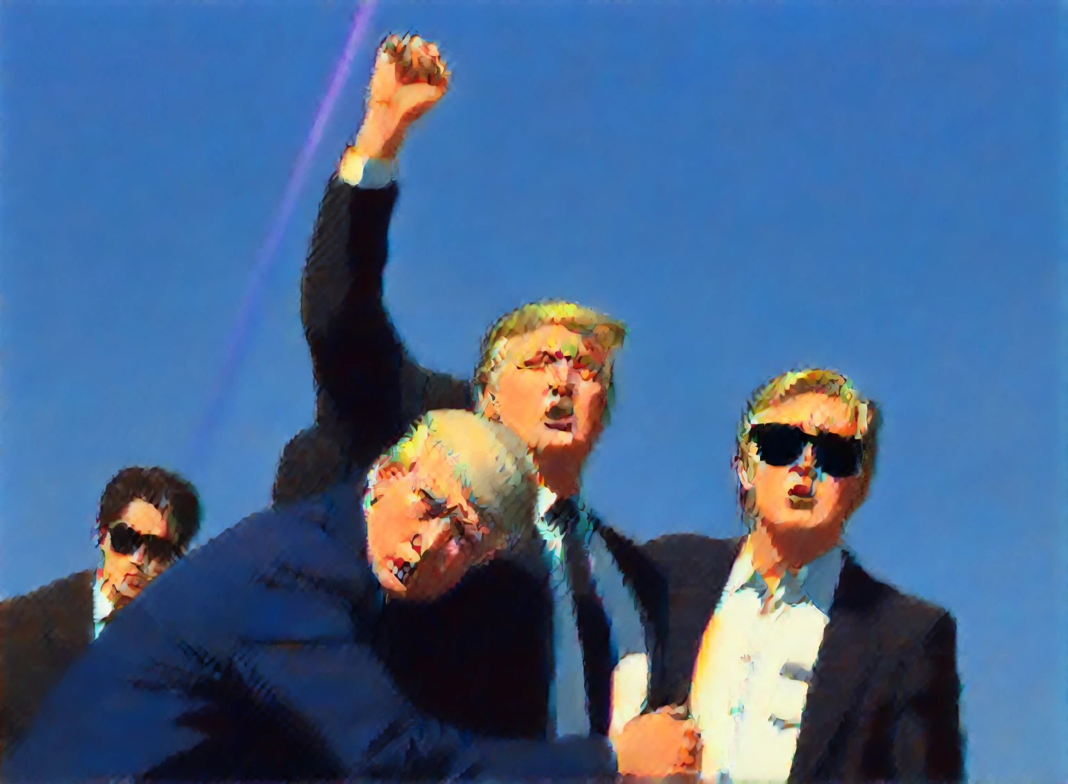 Three were wearing suits、Men wearing sunglasses standing together, Donald Trump in《Attack on Titan》middle, Donald Trump in堡垒之夜, phil noto 和 james jean, Donald Trump's, Donald Trump Fortnite Skin, Victory Pose, Donald Trump as Baron Harkonnen, Otto Schmidt, author:Tomer Hanuka, Donald Trump as Captain America, Phil Noto comic cover art