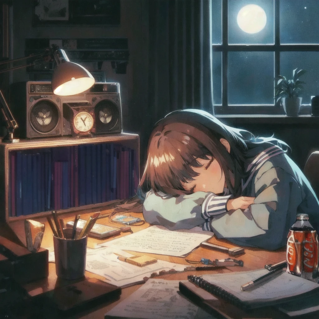 Anime girl sleeping on a desk with her head resting on her hands, A boombox and a clock in front of it,Coca-Cola bottle,moon,Nightcore, Anime Art Wallpapers 8K, Anime Aesthetics, anime art wallpaper 4k, anime art wallpaper 4k, 4k anime wallpaper, Makoto Shinkai Cyril Rolland, 80s anime style, 4K Manga Wallpapers, Lo-fi art style, anime wallpaper 4k, anime wallpaper 4k, Anime Background