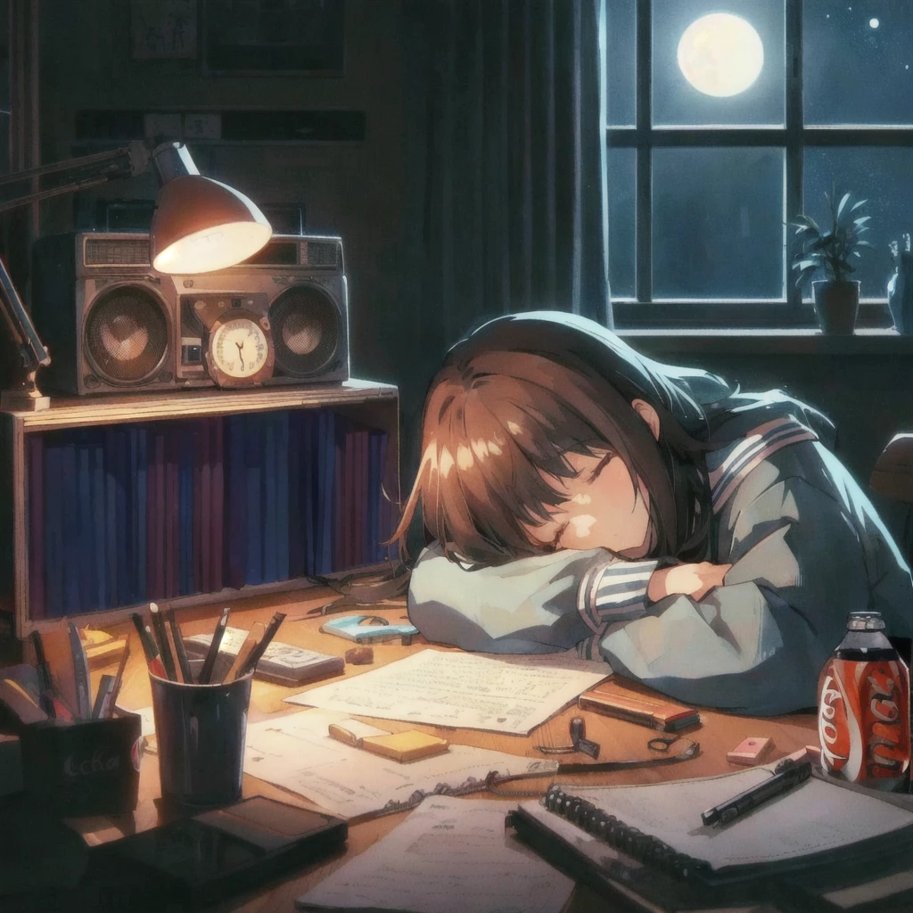 Anime girl sleeping on a desk with her head resting on her hands, A boombox and a clock in front of it,Coca-Cola bottle,moon,Nightcore, Anime Art Wallpapers 8K, Anime Aesthetics, anime art wallpaper 4k, anime art wallpaper 4k, 4k anime wallpaper, Makoto Shinkai Cyril Rolland, 80s anime style, 4K Manga Wallpapers, Lo-fi art style, anime wallpaper 4k, anime wallpaper 4k, Anime Background