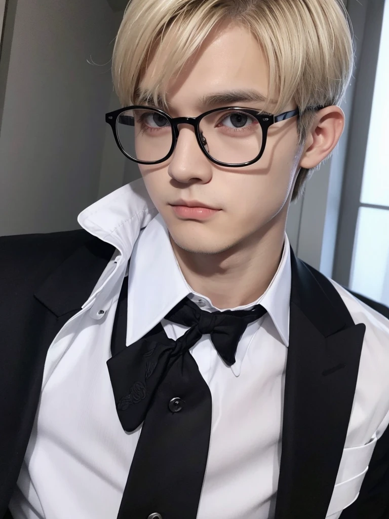 Portrait Shot、I have one photo:1.3、Villain、night、Apartment room、He has a bad appearance、Dark circles under the eyes:1.3. Black-rimmed glasses、Lean and muscular、Short-cropped blonde hair、White collared shirt、Black suit
