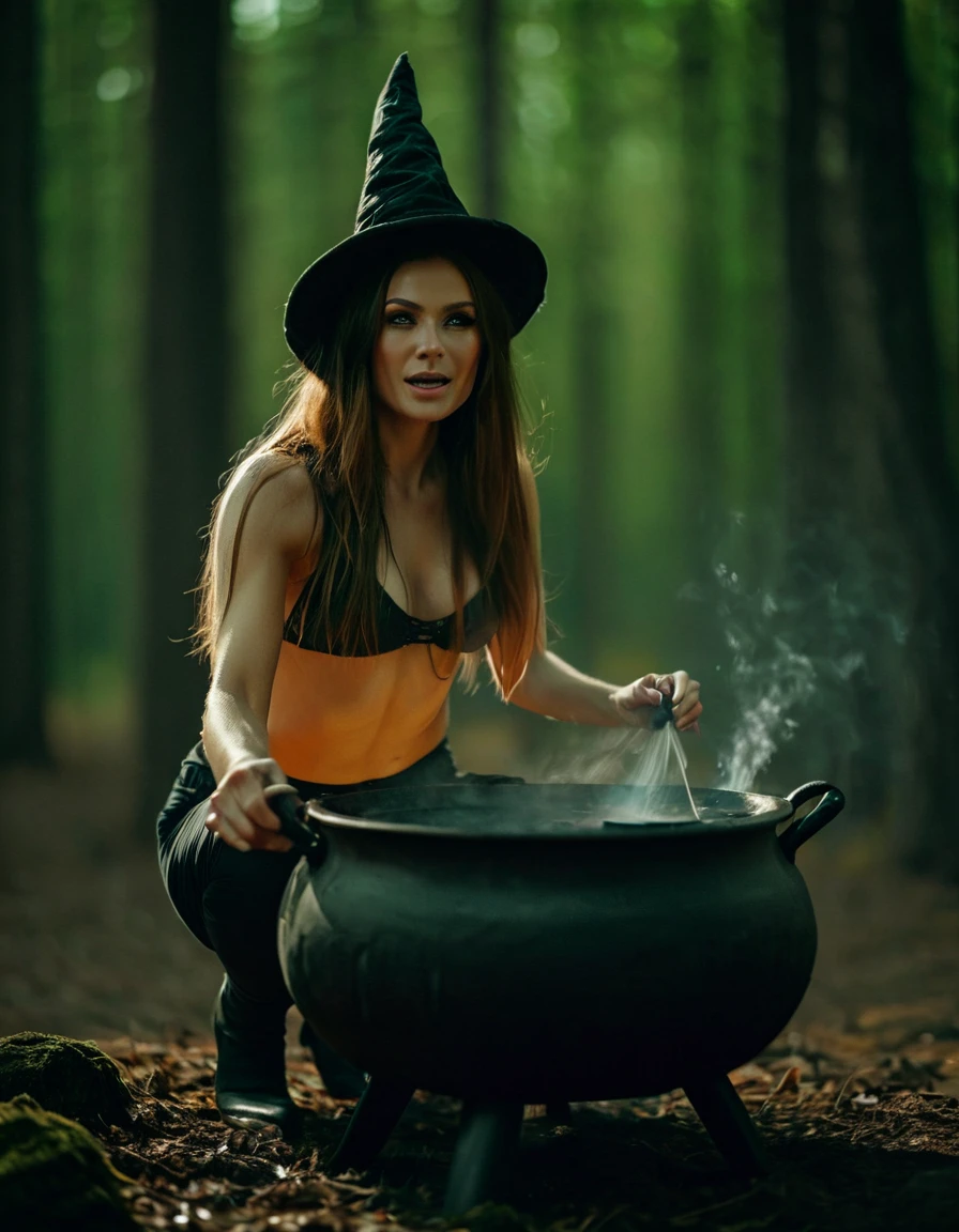 beautiful evil slavic muscular woman, pale skin, long hair, futuristic design, minimal details, photoreal, 200mm, hd, f/ 2.0, highly detailed, surreal, sitting, light smile, masterpiece,(Best Quality,4K,8K,hight resolution,masutepiece:1.2) ,Passion for rituals, ((Film grain, Bokeh, light Particle ,Dust, Extreme camera angles)),(Highly detailed 8K wallpapers), Full-length painting, Forest glades, A beautiful witch brews a potion in a cauldron on the fire, Focus your gaze on a beautiful face, Stir the kvass, Flames give glare to the body and face, witch's hat, Green eyes,varied actions, cinematic, professional, 4k, (((dynamic model pose))), sitting, full body, mesmerizing, dynamic, dramatic, sensual, dynamic pose, highly detailed skin with hair, subcutaneous veins, light and shadow play, highly detailed,24mm photograph, film, bokeh, professional, 4k,
