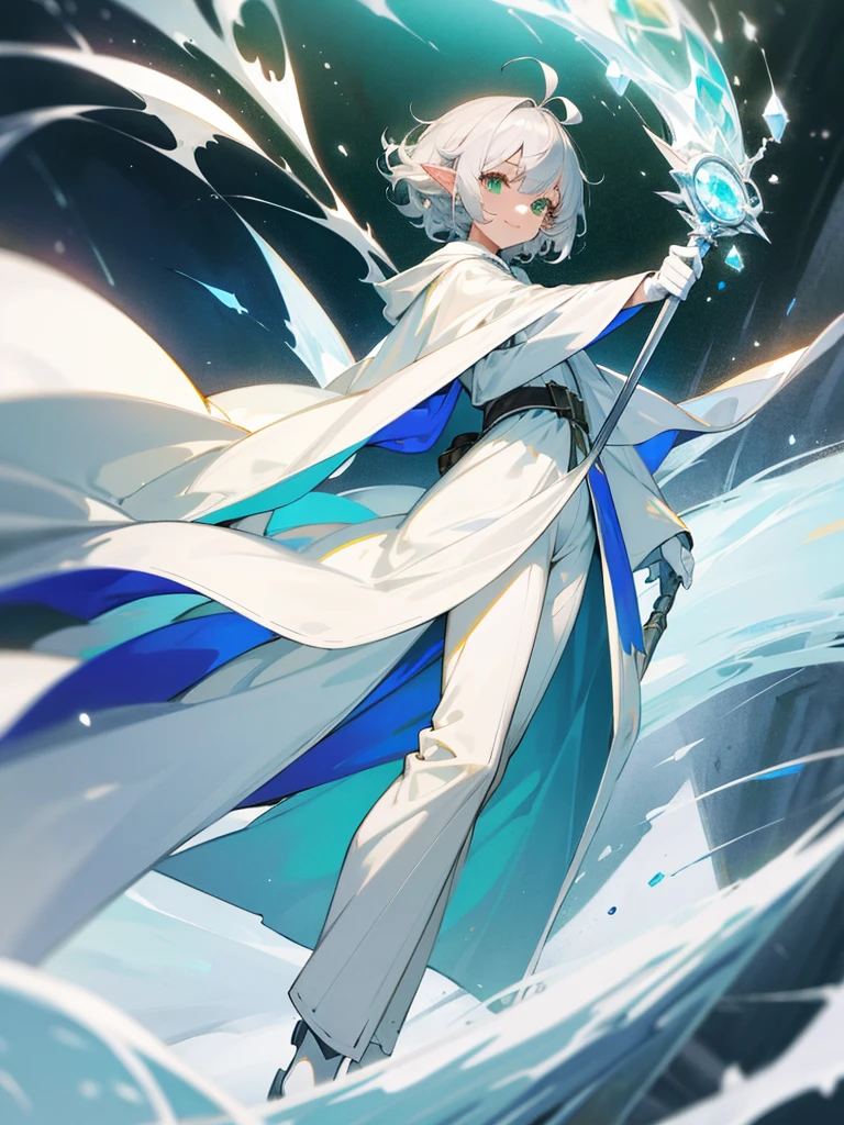 Elf, silver hair,short hair, medium cut, ahoge, curly hair,green eyes,slender, fair skin, cool Smile, robe,  cloak, White gloves, long boots, pants, ice loads magic effect, 