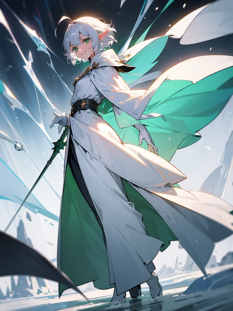 Elf, silver hair,short hair, medium cut, ahoge, curly hair,green eyes,slender, fair skin, cool Smile, robe,  cloak, White gloves, long boots, pants, ice loads magic effect, 