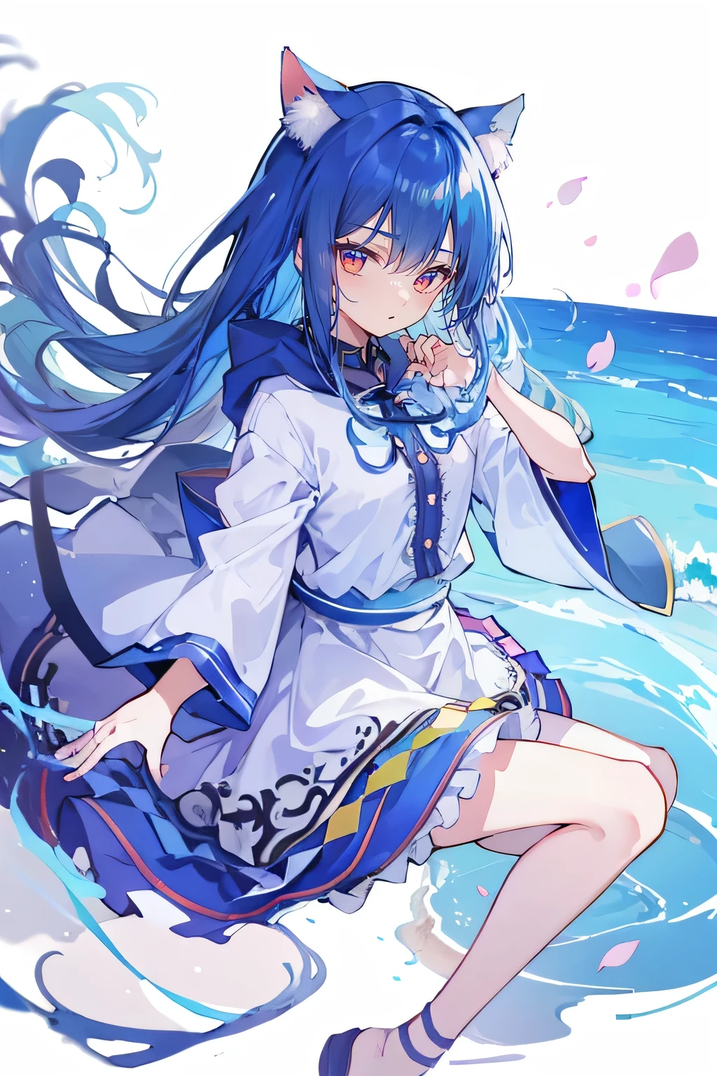 (masterpiece:1.2),Super detailed,lifelike,Expressive eyes,fair skin,perfect face shape,1 girl,
Japanese comics,Gorgeous blue hair,flowing blue hair,flowing clothes,Cat ears,Petals fall,beautiful lola,Baby Angel,
Shaking head with one hand,Cross your legs,Gentle and peaceful background,,smile, wearing hoodie, Clear sky,seaside,Clear blue sky,Clear World。