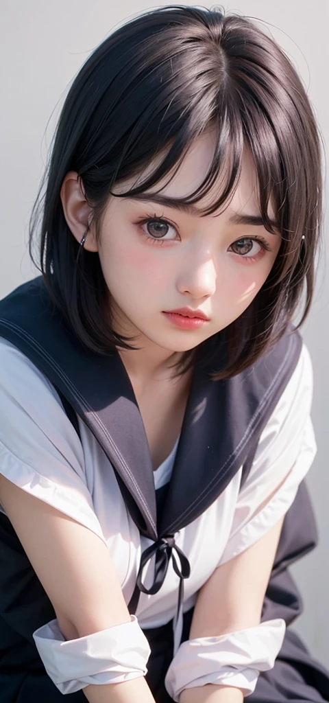(1 nogizaka girl,15years old face,raw photo,photo realistic:1.5),(best quality, high quality,HDR, highest quality,ultra high resolution,high resolution,high res,ultra high difinition,huge file size,8K,2K wallpaper,8K wallpaper,high quality texture,amazing,an extremely delicate:1.4),one girl, Japanese famous idol,cute face,small face,absurd,ridiculous,incredibly ridiculous,blurry background,(school uniform,sailor suit,short hair,cleavage,no makeup:1.2),medium skin,beautiful skin,detailed skin,black hair,silky hair,black eyes,Japanese nose,5-fingers,(Light Particles, Lens Flare, Luminous Particles: 0.7),looking at viewer,small hands,bright lighting,professional lighting,girl