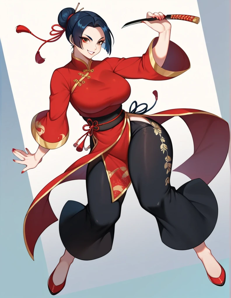 A picture, m4stertigr3ss, big breast, red qipao, black silk pants doing kung-fu, light smile, full portrait